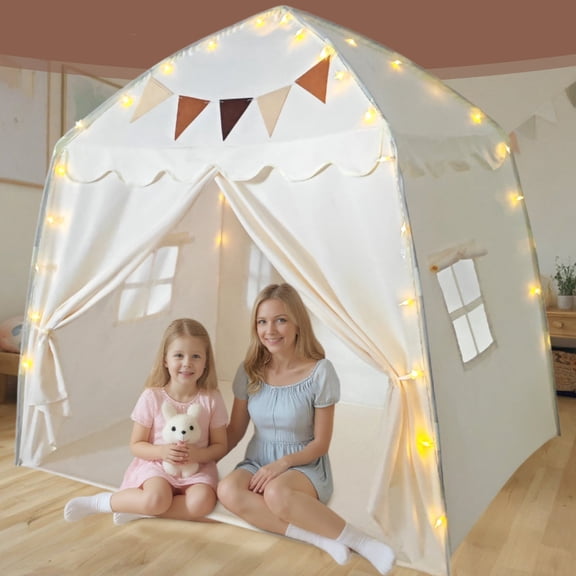 AMTPM Large Kids Play Tent, Indoor/Outdoor Children's Fort with Flags & Globe String Lights, Spacious Toddler Playhouse (61.8x38.6x58.2inch) for 3-12 Year Olds‌