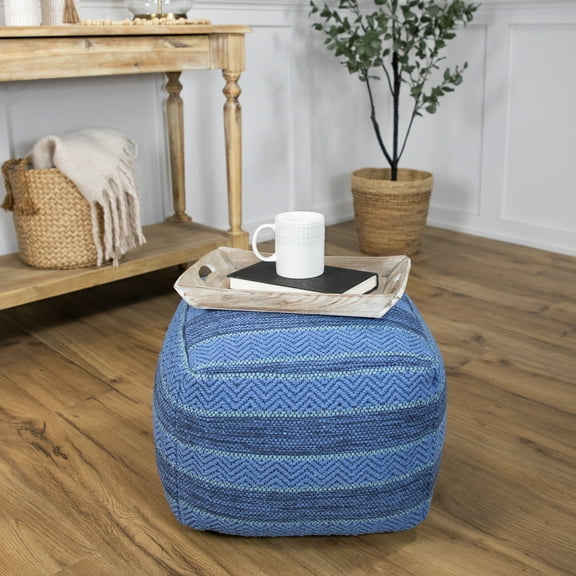 Northlight Striped Woven Cotton Square Pouf - 14" - Blue