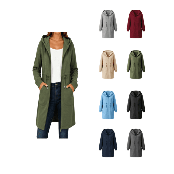 Zynoxe Women's Mid-Length Hooded Sweatshirt Adjustable Drawstring Waist Zip Up Hoodie Comfy Elastic Cuffs Long Sleeve Sweatshirt Jacket Fashionable Solid Color Casual Outerwear with Side Pockets S