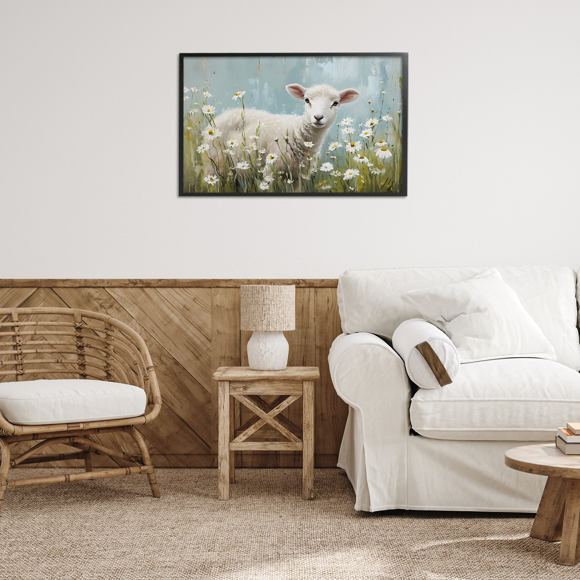 Stupell Industries Lamb Among Daisies Animals & Insects Painting Black Framed Art Print Wall Art, 30 x 20