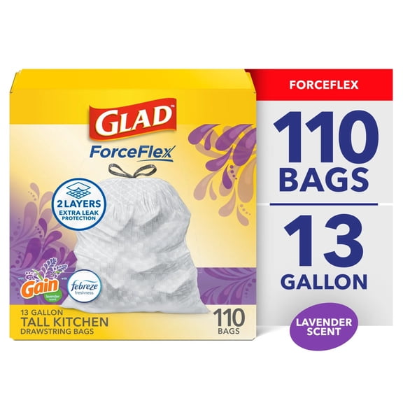 Glad ForceFlex Tall Kitchen Drawstring Trash Bags, 13 Gallon, Gain Lavender with Febreze Freshness, 110 Bags