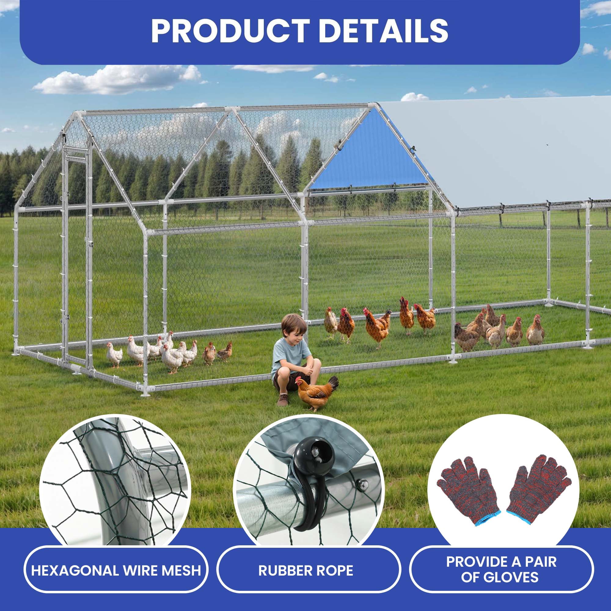 Uforic Chicken Run Coop 26 x 9.8 x 6.4 FT Large Metal Spire Shaped Chicken Coop, Walk-in Hen Cage, Outdoor Poultry Cage with Waterproof Anti-UV proof Cover and Wire Mesh for Backyard,Outdoor Farm Use