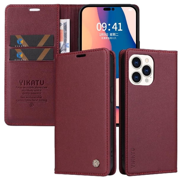 Funda para iPhone 14 Pro Max Estuche de Cuero PU Tipo Cartera con Ranuras para Tarjetas y Cierre Magnético