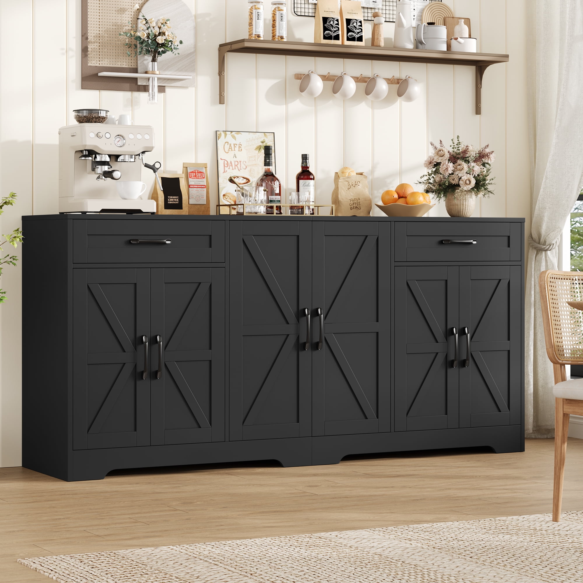Homfa 6-Doors Farmhouse Sideboard with 2-Drawers, 70.8" W Buffet Cabinet with Adjustable Shelves for Kitchen Dining Room, Black