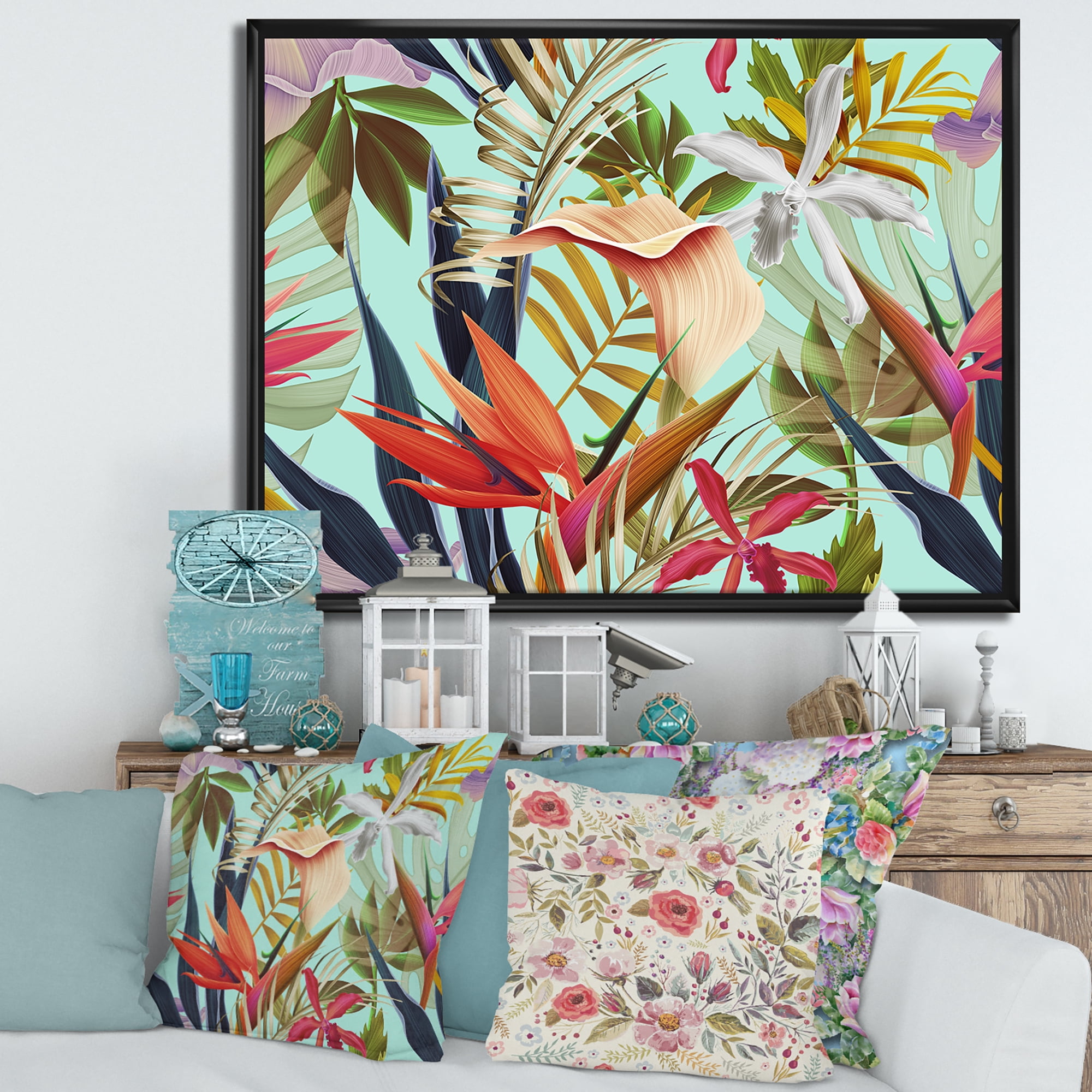 Designart 'VIntage Tropical Flowers II' Tropical Framed Canvas Wall Art Print