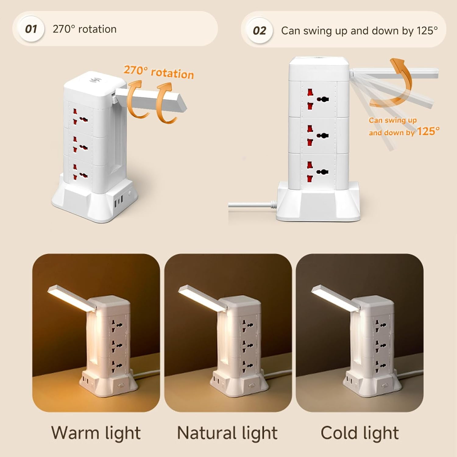 Samovi Power Strip Tower with Night Light & Wireless Charger, 9 AC Outlets, 2 USB + 1 Type-C Port, 6.6ft Extension Cord for Home Office Dorm Room, White