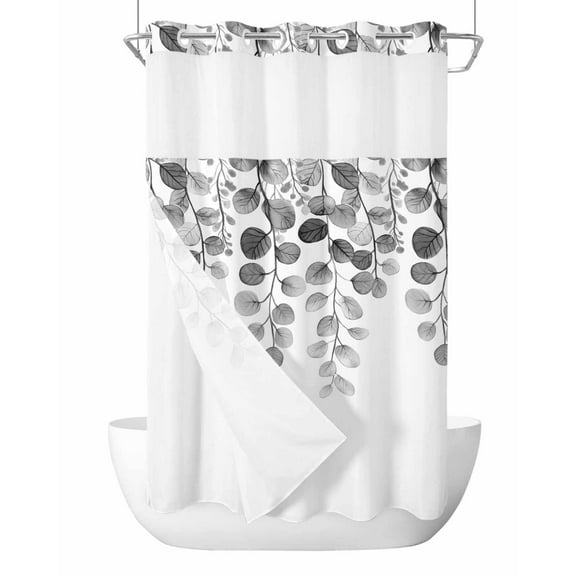 No Hook Shower Curtain with Snap-in Liner, Gray Eucalyptus Leaves Waterproof Fabric Bathroom Curtains, Watercolor Floral Leaf Plants Bath Curtains & Mesh Top Window Stand Up Stall 36"x72"