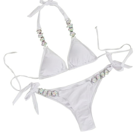 ZQGJB Women s Halter Bikini Swimsuit Two Piece Rhinestone Bikini Set Sexy Boho Thong Bikini Beach Swimwear Bathing Suit(White S)