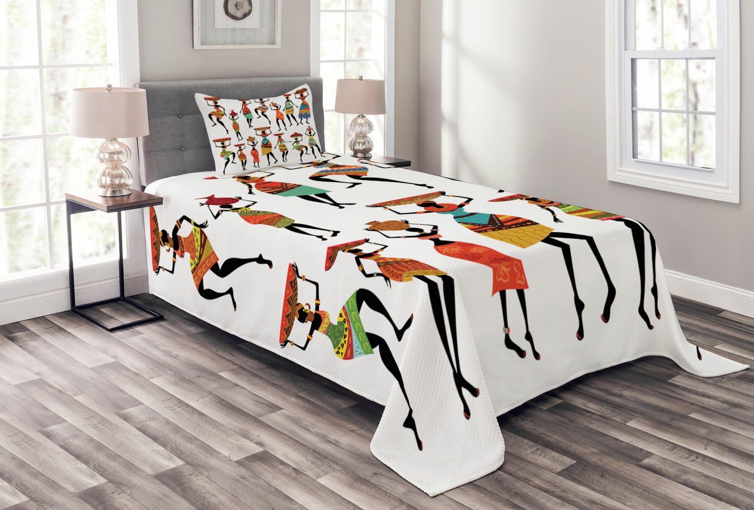 African Bedspread Set Twin Size, Pattern of Cool African Women Carrying