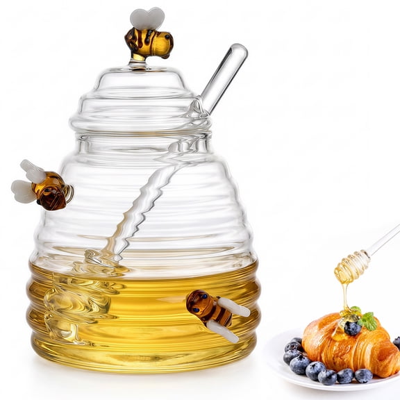 1-Pack 500ml Borosilicate Glass Honey Jar with Wooden Dipper & Airtight Lid, Bee Decor Honey Pot for Honey Syrup Kitchen Storage