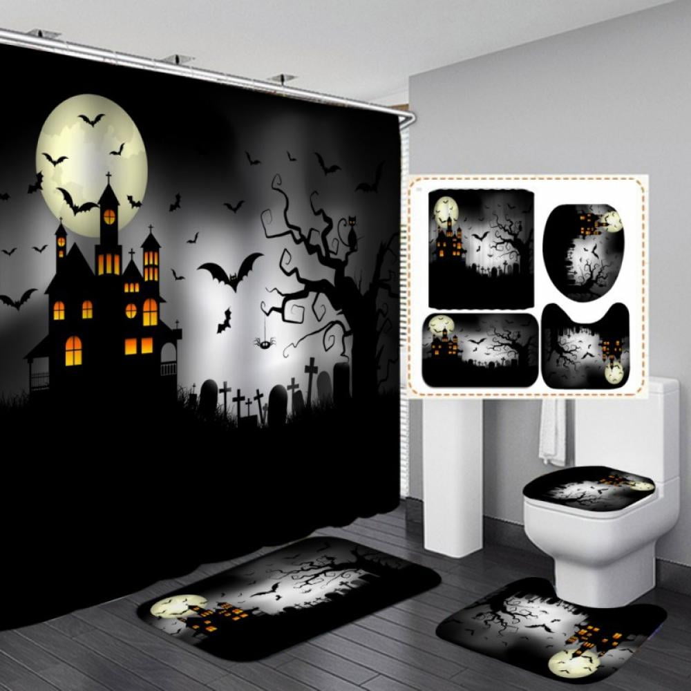 Halloween House Witch Bat Shower Curtain Bathroom Waterproof Fabric & 12Hooks 