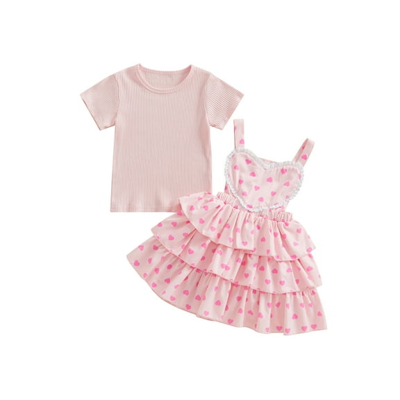 Toddler Baby Girls 2Pcs Summer Outfits 18 24 Months 2T 3T 4T 5T 6T Short Sleeve Tops Heart Overalls Dress Set Kid Clothes