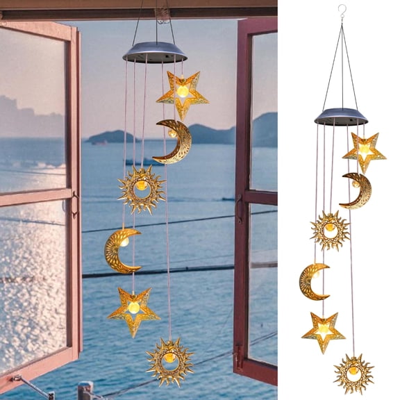 YAKii Solar Wind Chimes Sun Moon Star Plastic Outdoor Hanging Decor Warm Lights Gifts Mom Wife for Garden Yard Patio Mothers Day