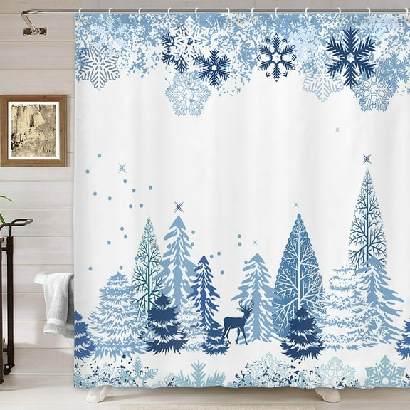 Winter Forest Shower Curtain for Bathroom, Pines and Deer in Winter Snow Forests Shower Curtains, Fabric Blue Christmas Shower Curtain Bathroom Accessories 12PCS Hooks 72X72IN