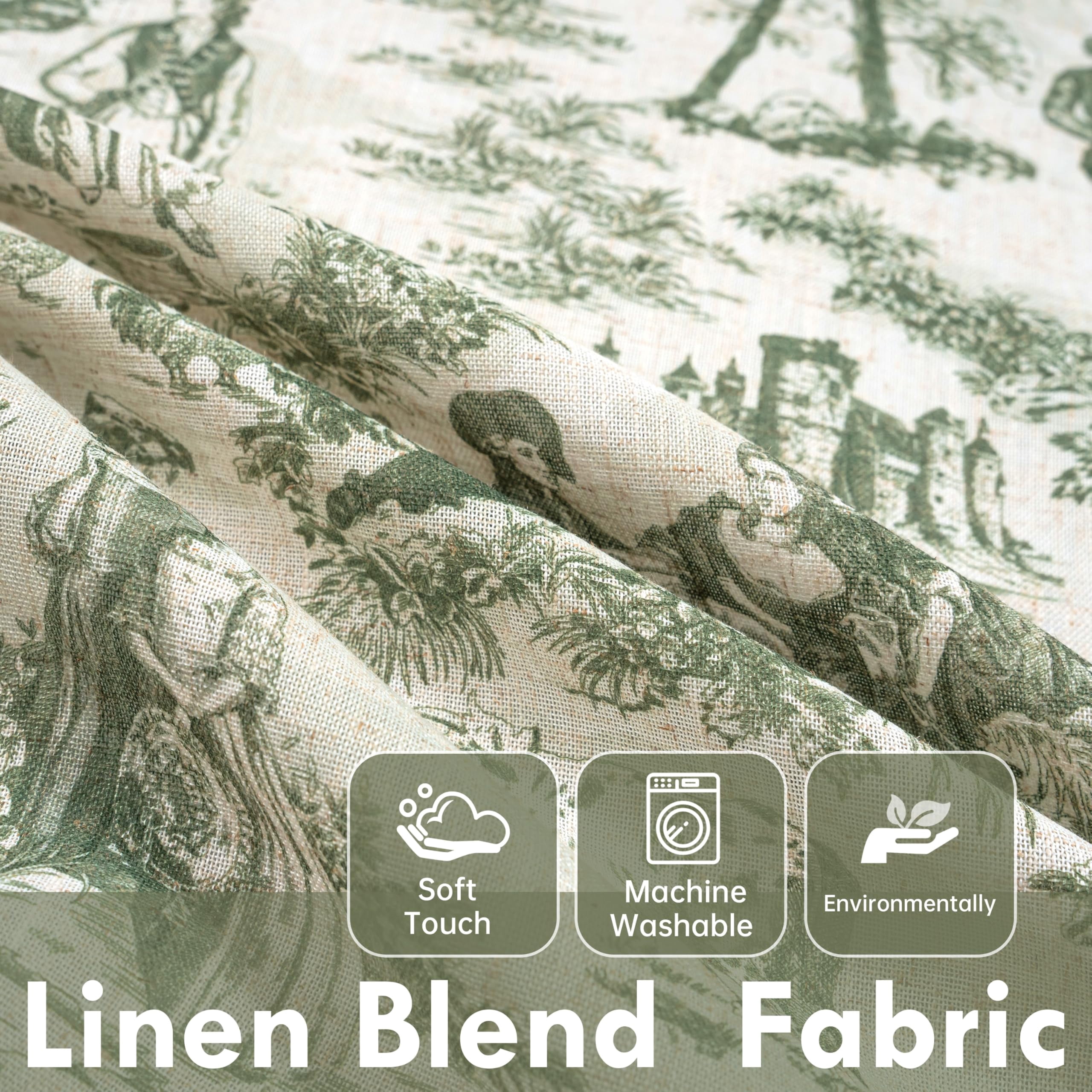 DriftAway 100% Blackout Toile Linen Curtains for Bedroom Double Layer Farmhouse French Country Vintage Printed Pattern Thermal Sound Lined Back Tab Drapes 96 inch Long 2 Panels Loden Green