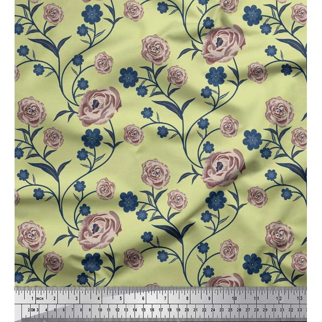 Soimoi Tissu en Rayonne Feuilles & Roses Imprimé Floral 1 Yard 56 Pouces de Large