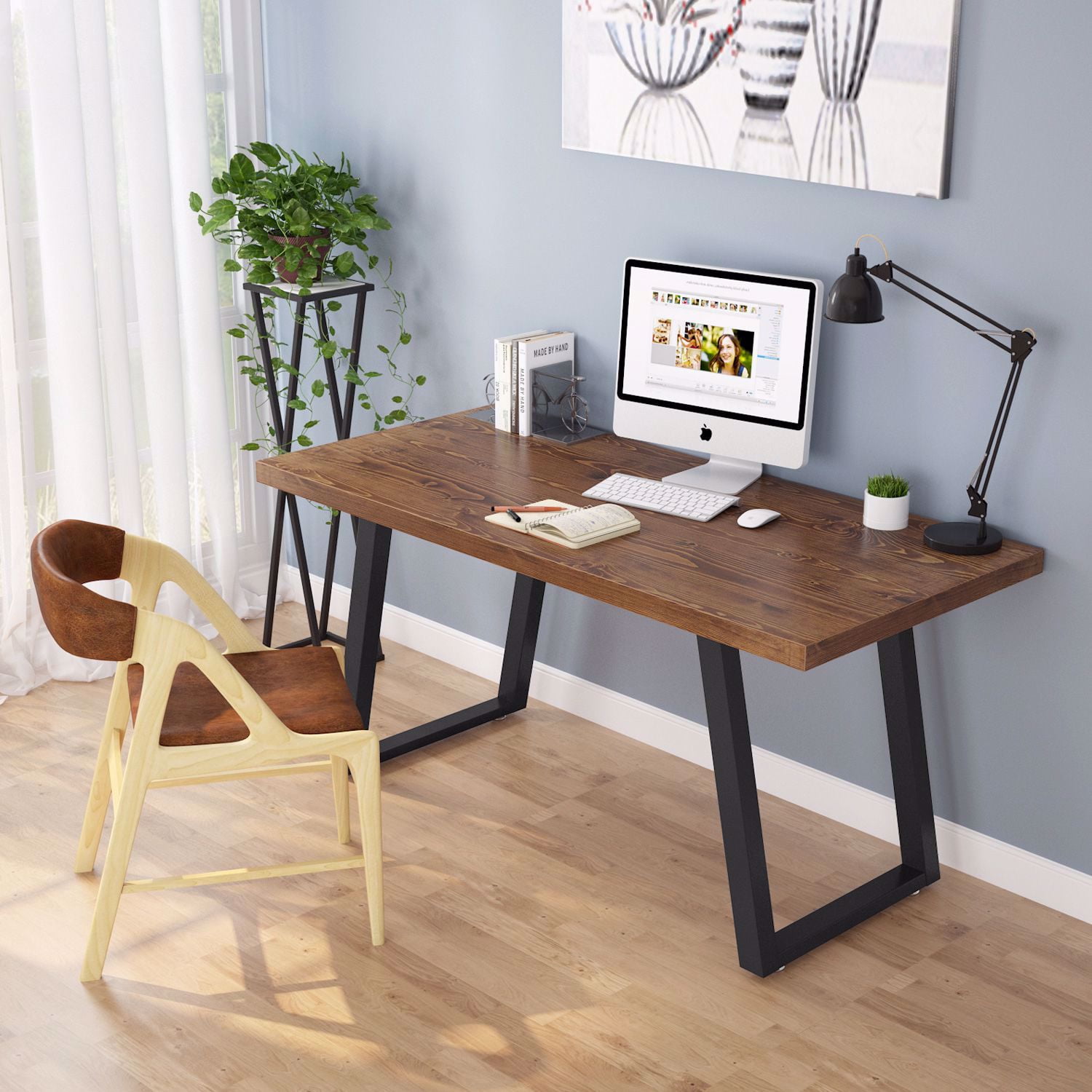 Tribesigns 55" Rustic Computer Desk, Solid Wood Industrial Desk with