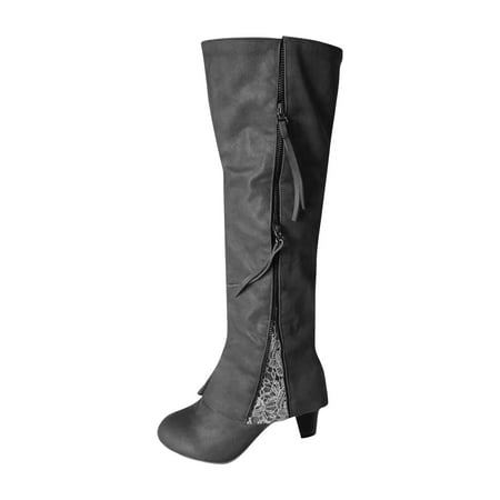 

Fesfesfes Cowgirl Boots for Young Ladies Round Toe High Heeled Thick Heeled Double Zipper Lace Stitching High US:6.5(38)