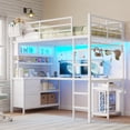 thumbnail image 3 of Metal Loft Bed Frame Twin Size with LED Lights, Charging Stations, Glass Cabinet & Hutch, Loft Twin Bed with L-Shaped Desk & 3 Drawers, Large Loft Beds Safety Guardrail & Ladder for Teens, White, 3 of 8