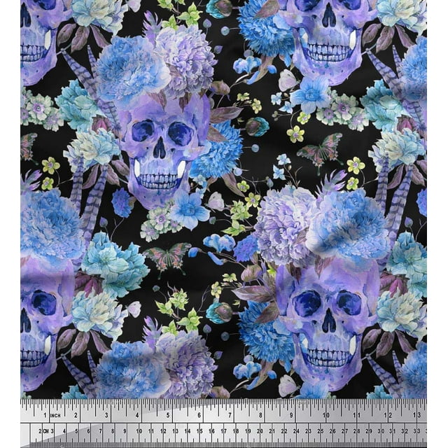 Soimoi Blue Georgette Viscose Fabric Insect,Skull & Flower Decor Fabric Printed BTY 42 Inch Wide