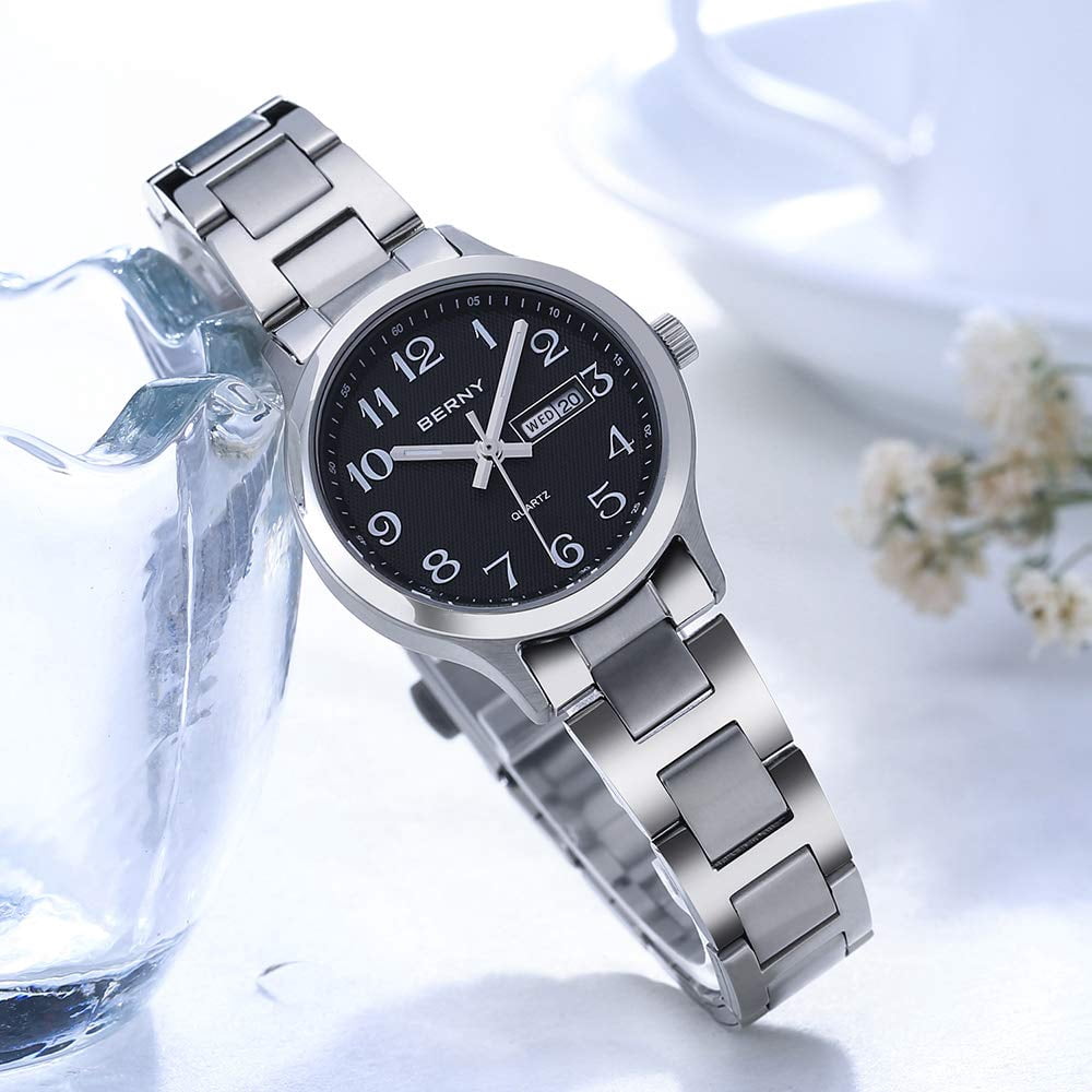 BERNY Silver Watch for Women, Fashion Easy to Read Ladies Analog Quartz Wrist Watch with Day & Date Calendar, Luminous, Stainless Steel, Waterproof, Business Dress Women's Watches (Black)