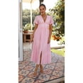 thumbnail image 4 of Women'S Elegant V Neck Solid Puff Sleeve Button Lady Beach Party Dress Pink S, 4 of 8