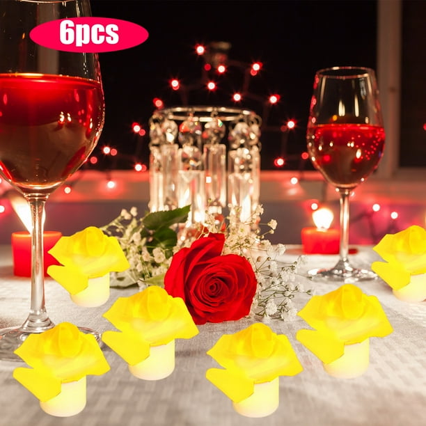 Día de San Valentín Rose Vela Electrónica Luz LED, Dormitorio Romántico Luz Nocturna Junto a la Cama, Plástico Rosa, Juego de 6 piezas, 1.57x1.45in