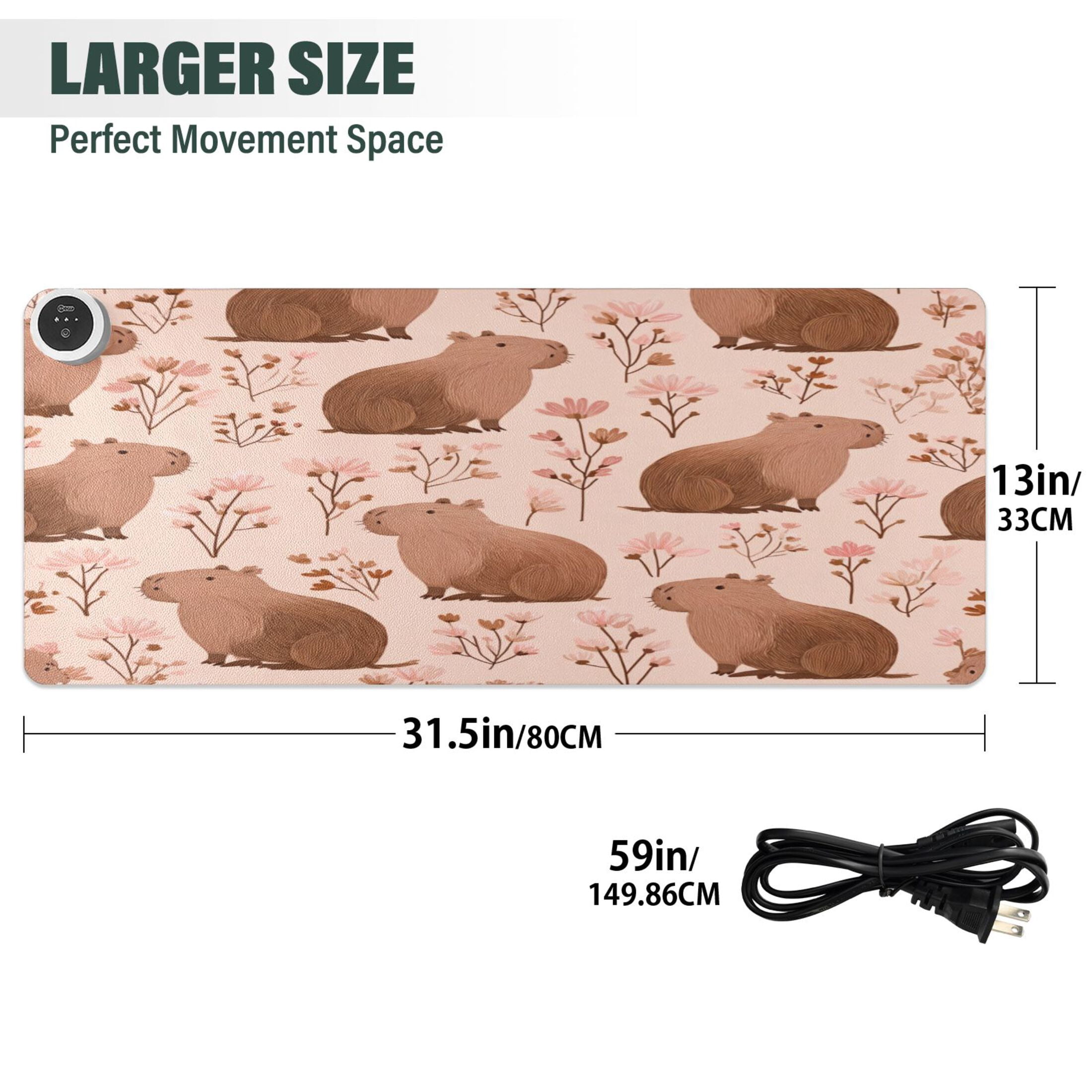 Large Heated Desk Mat Mouse Pad 31.5"x13"PU Leather Graphene Heating Desk Warmer with 3 Temperature Settings 110V US Plug Non-Slip Warm Pad for Home, Office, and Gaming Cute Brown Capybara Pattern