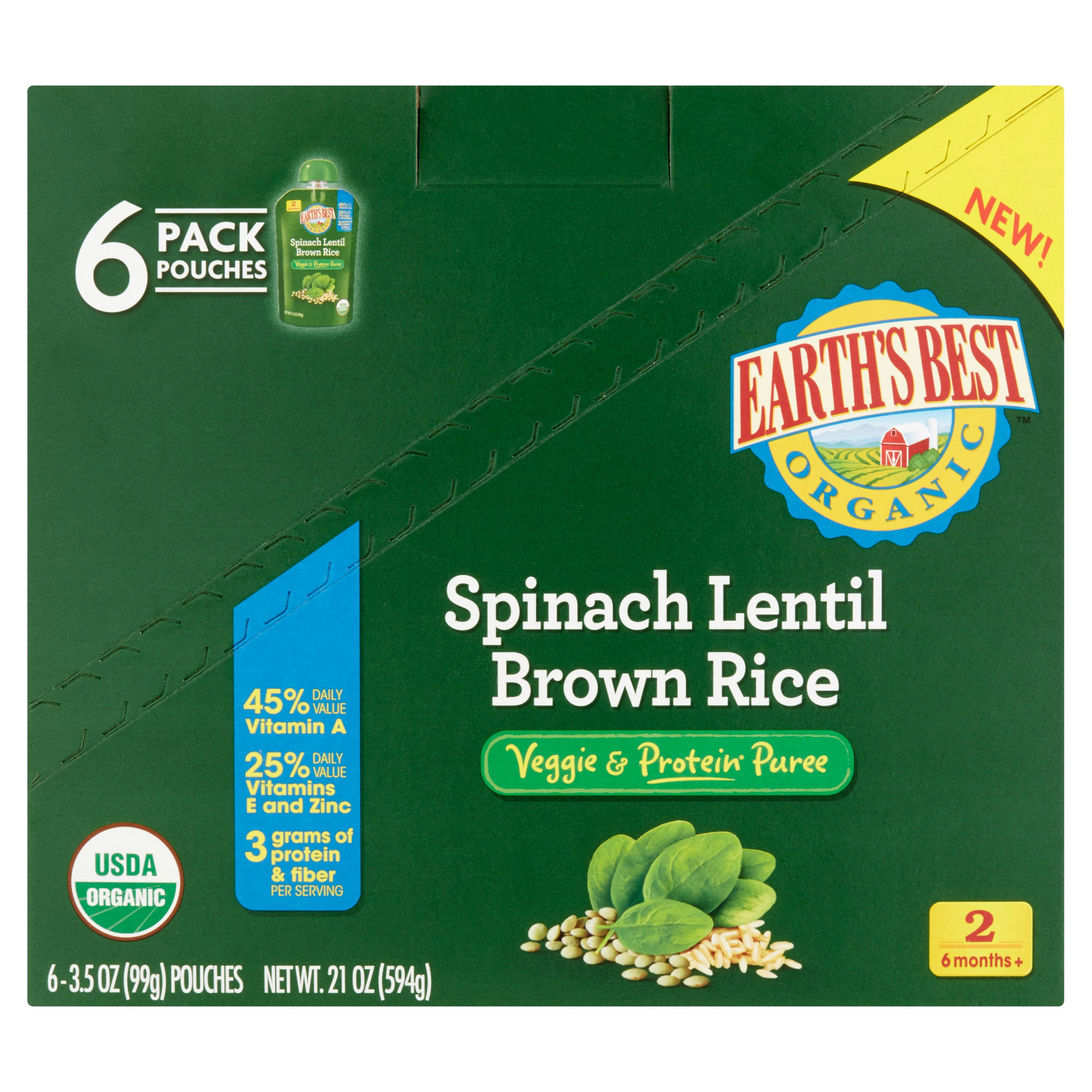 Earth's Best Spinach Lentil Brown Rice Veggie & Protein Puree 2 6 Months+ 6 x 3.5oz (21oz) by Earth%27s Best