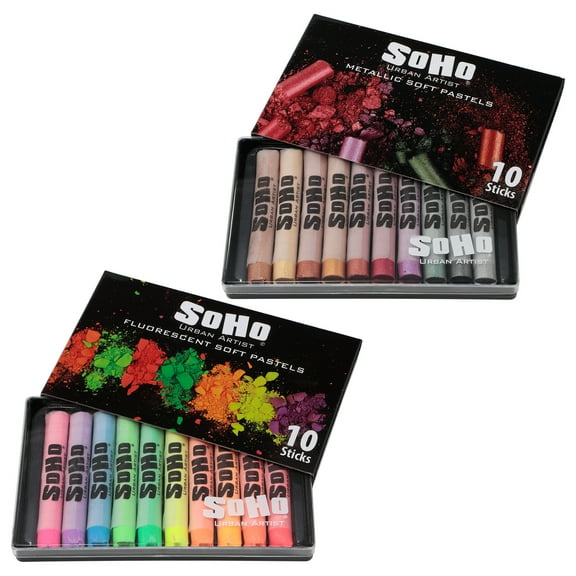 SoHo Urban Artist Soft Pastel Sticks - Bundle of 10 Each Metallic and Fluorescent Colors for Artists - Drawing, Blending, Layering, Shading