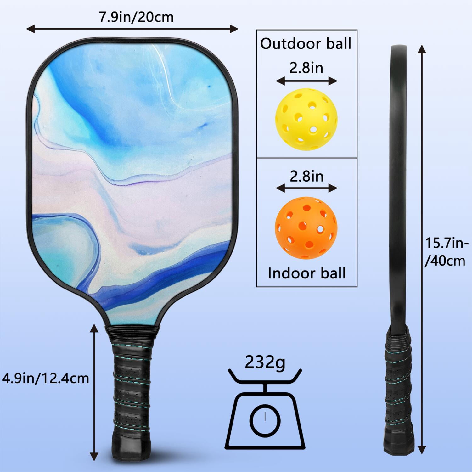 Pickleball Paddles Set Of 2, Fiberglass Surface, Liquid & Marble Print, 4 Balls & Bag