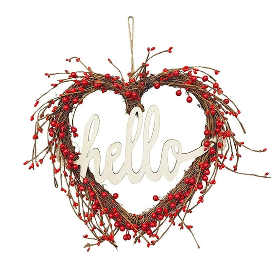 Valentines Day Wreaths for Front Door,14 Inches Artificial Red Berries Valentine Heart Shaped Wreath Decor with Love Wooden Sign,Valentine Heart Wreath for Window Home Indoor,Outdoor