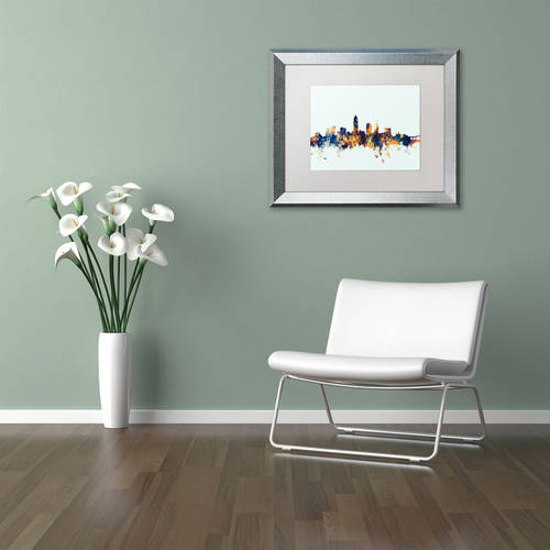 Trademark Fine Art "Cleveland Ohio Skyline Blue" Canvas Art by Michael Tompsett, White Matte, Silver Frame