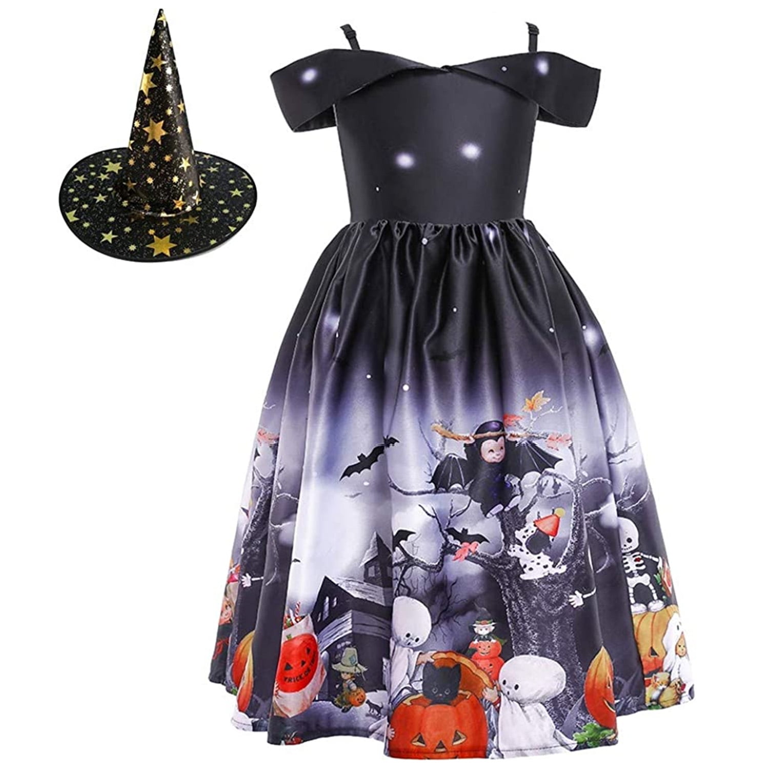 Girls Halloween Costume Dress w/Witch Hat Ghost Pumpkin Skull Printed ...