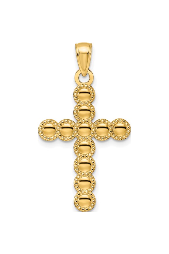 14K Yellow Gold Polished & Beaded Circles Cross Pendant (Width 18) (Length 34.5) - Jbsp