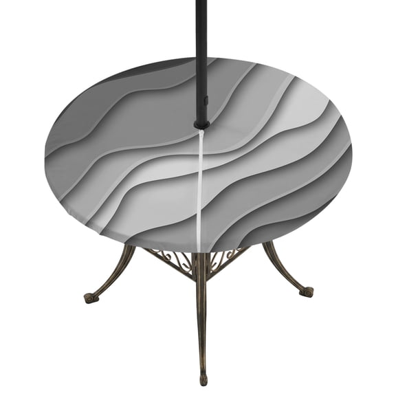 Round Outdoor Tablecloth with Umbrella Hole and Zipper, Black Grey Ombre Fitted Table Cover with Elastic Edge for 31-35 Inch, Modern Geometric Abstract Aesthetic Cream Waterproof Patio Tablecoths