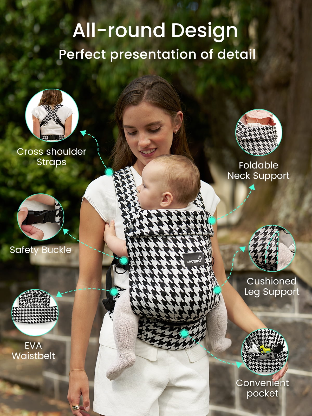 Grownsy Baby Carrier for Newborn to Toddler, Ergonomic, Comfortable and Lightweight, Hands-Free, Head Support, 7-44lbs, Perfect for Travel and Hiking