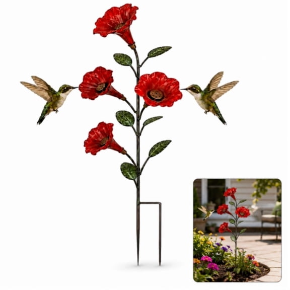 Vintage 4 Flower Hummingbird Feeder Garden Stake Red Flower Nectar Feeding Station with 4 Ports and Removable Reservoirs for Yard and Planter