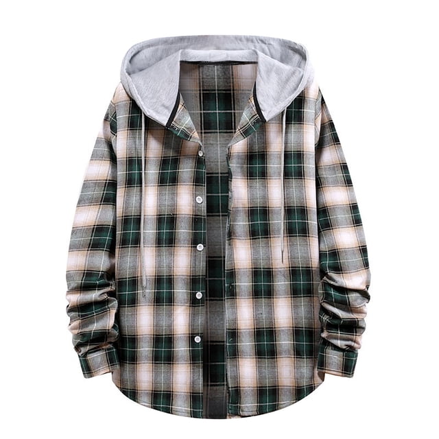 RKSTN Long Sleeve Tee Shirts for Men Casual Button Down Hooded Lightweight Drawstring Plaid Print Jackets Shirt