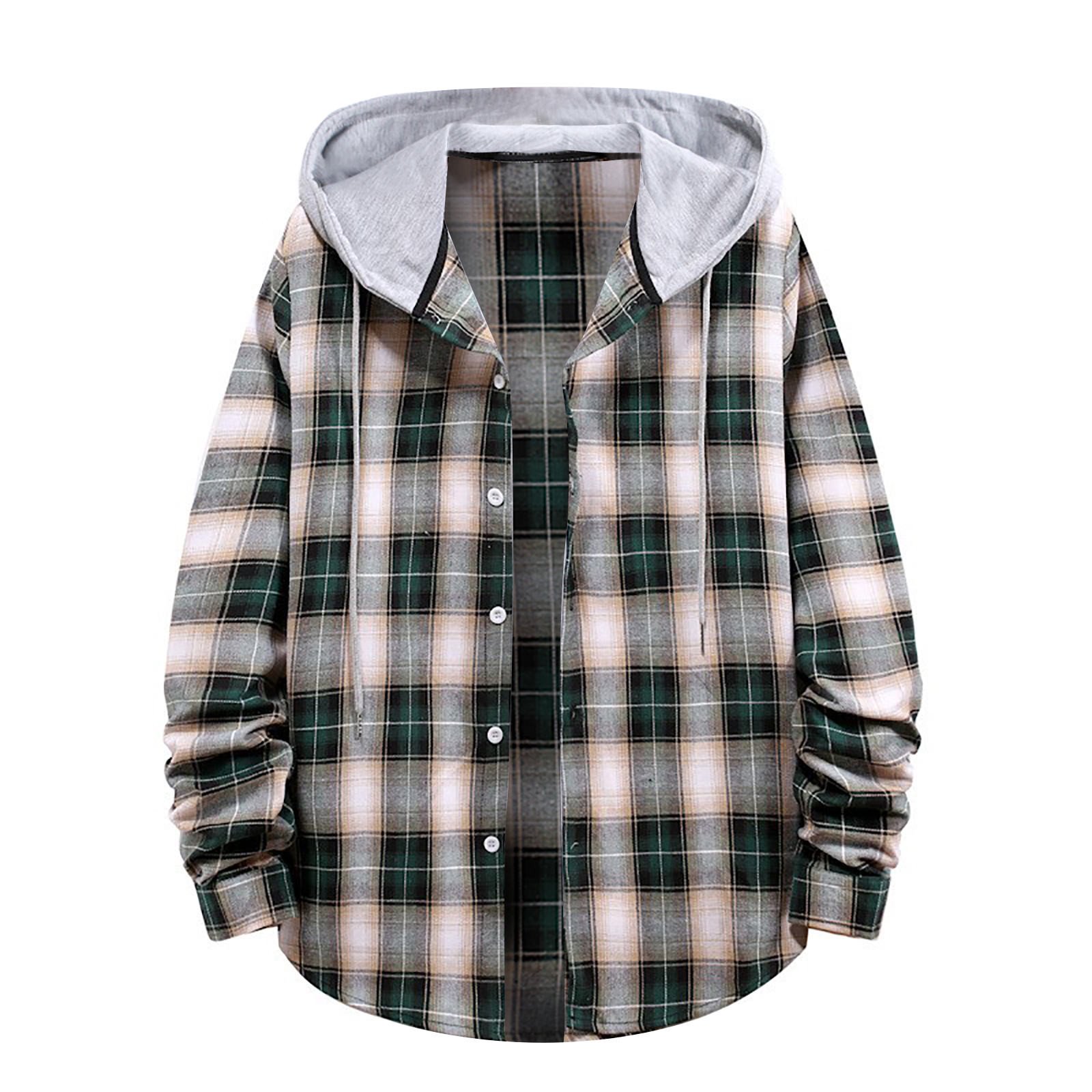 Men Casual Turndown Long Sleeve Button Closure Plaid Print Hooded Shirt  Army Green XXL | Walmart Canada