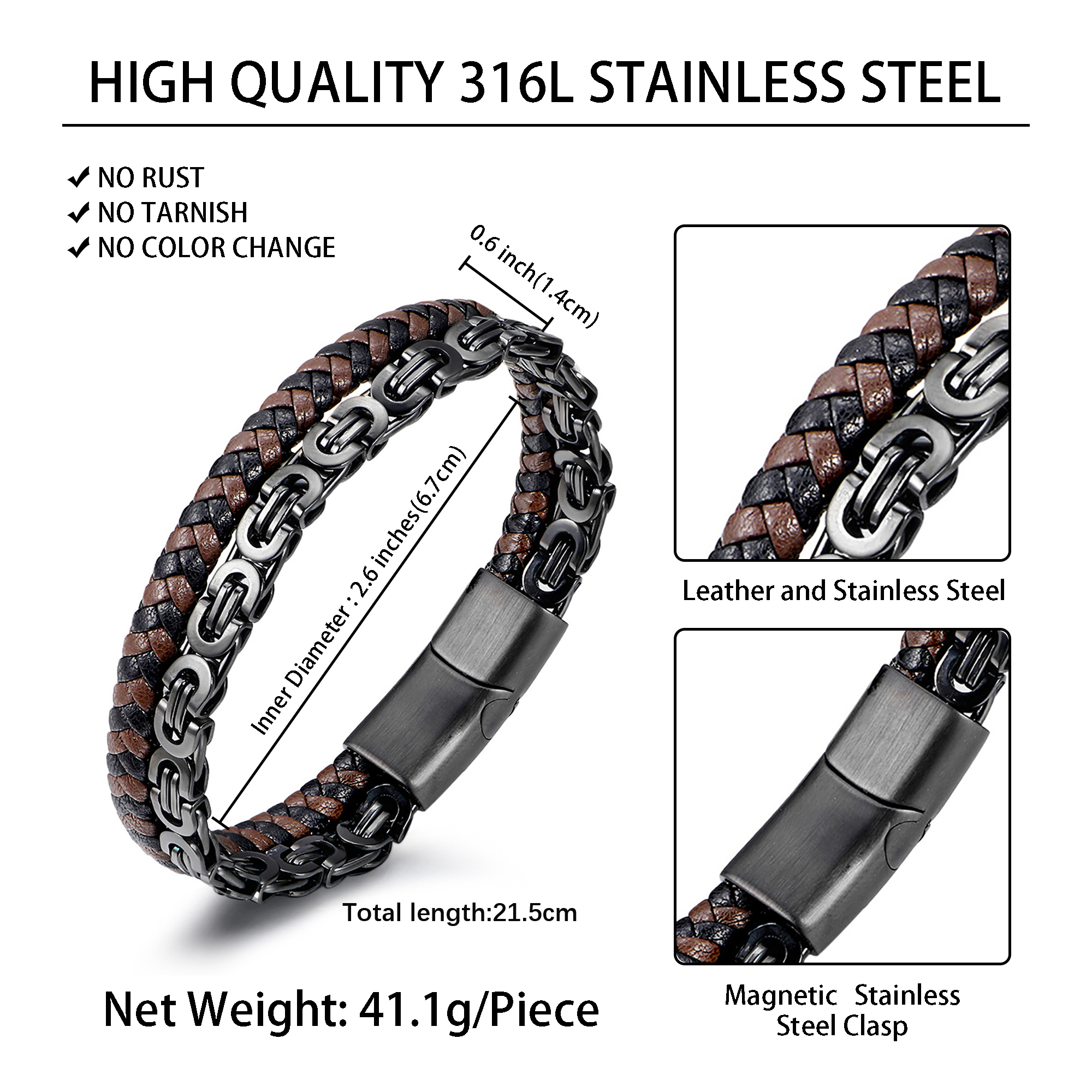 Jewmon Men's Black Stainless Steel and Leather Link Bracelet photo 8
