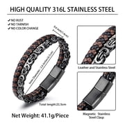 Jewmon Mens Bracelet Black Link Stainlee Steel and Leather Bracelet for Men Son and Dads Gift