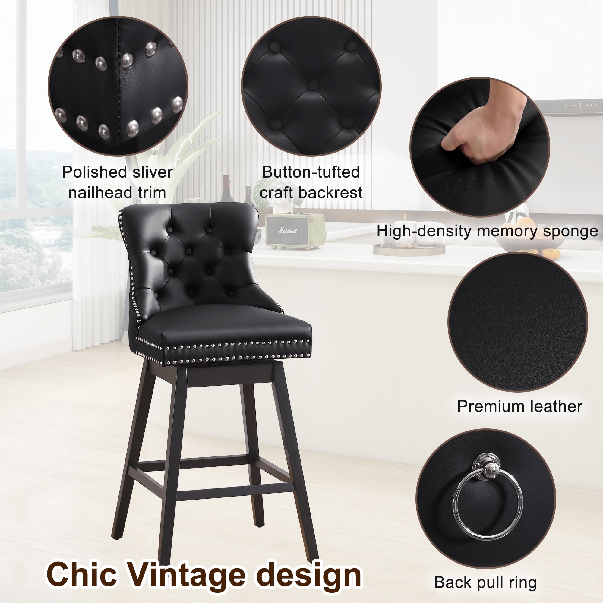 Tewloss 30" Swivel Bar Stools Set of 4 With Back Leather Bar Height Chairs for Home Kitchen, Black