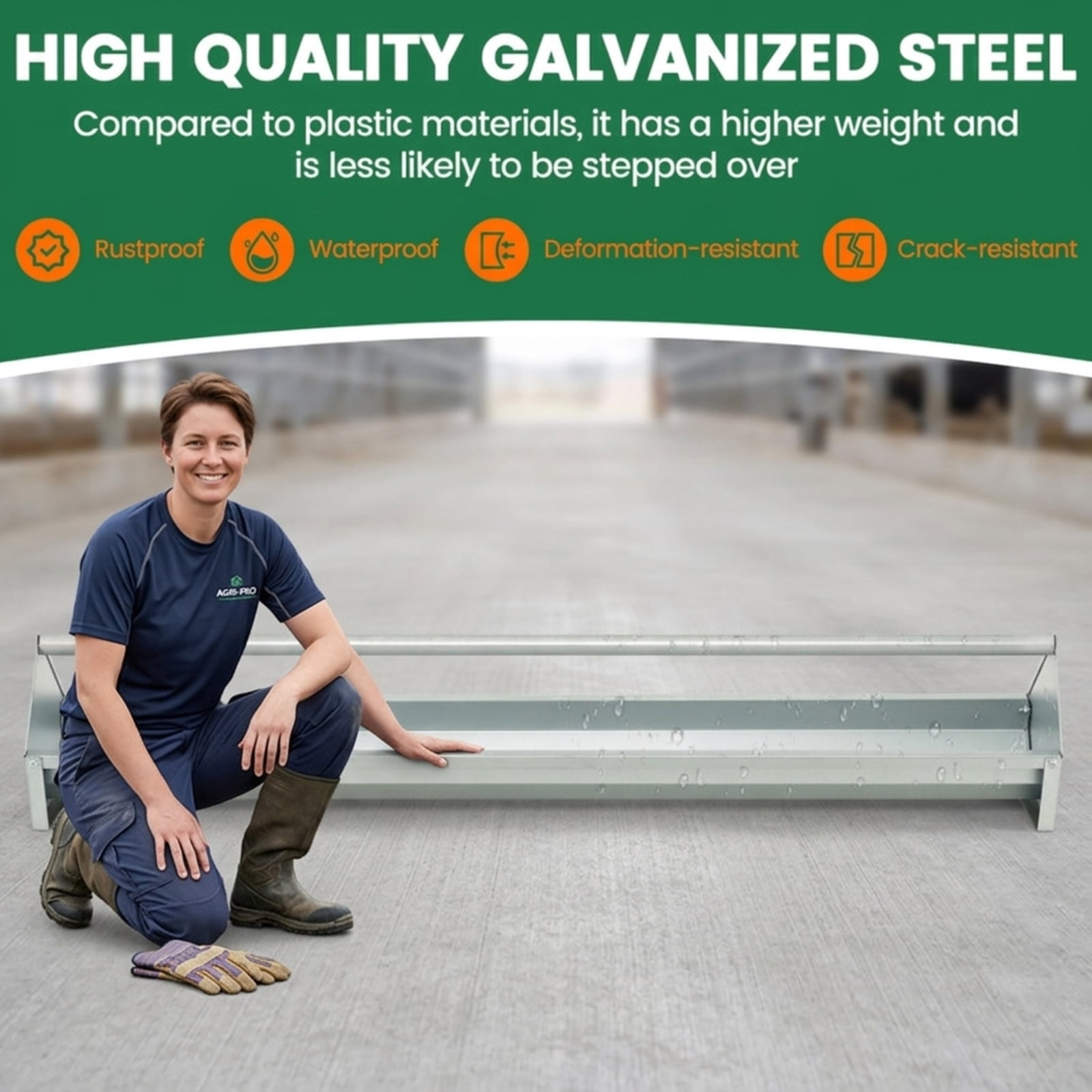 Vebreda Metal Chicken Feeder, 4 Gallon Galvanized Steel Feeding Trough with Drainage Holes & Stoppers, Elevated No-Waste Poultry Feeder for 12 Chickens, Rustproof with Handle, Silver