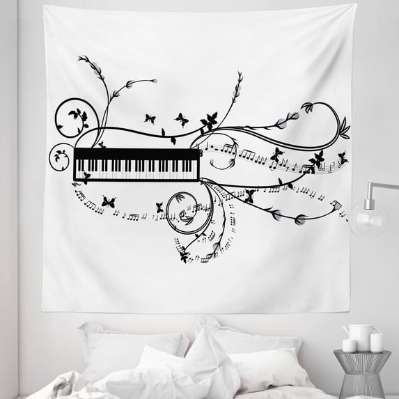 Music Tapestry, Art Professions Melody Symbol Keyboard Curlicue Motifs on Plain Backdrop, Fabric Wall Hanging Decor for Bedroom Living Room Dorm, 5 Sizes, White and Charcoal Grey, by Ambesonne