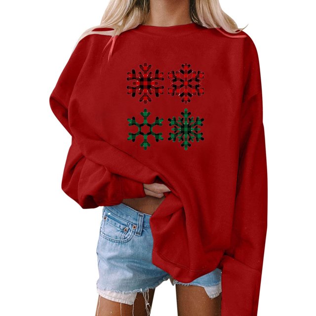 Qiopertar Blouse de Noël Imprimée Mode pour Femmes Manches Longues Col Rond Pull Décontracté Offres de la Semaine Liquidation à Moins de 5$ jusqu'à 90 % de Réduction