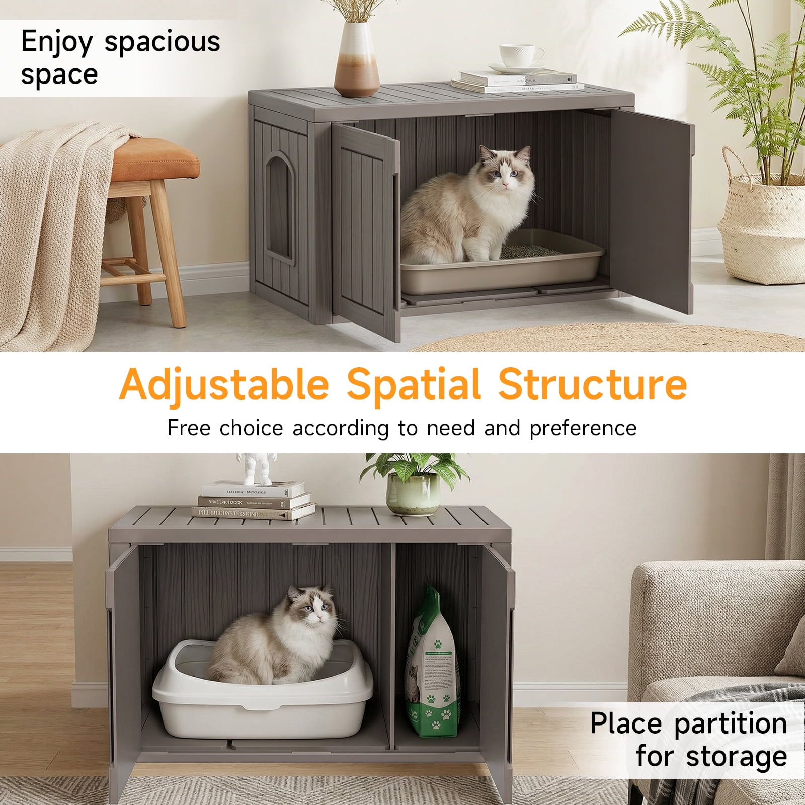 Dovov Oversized Hidden Cat Litter Box Enclosure Furniture, Multi-Functional Cat Washroom Bench with Removable Divider, Large Litter Box Storage Cabinet, Brown