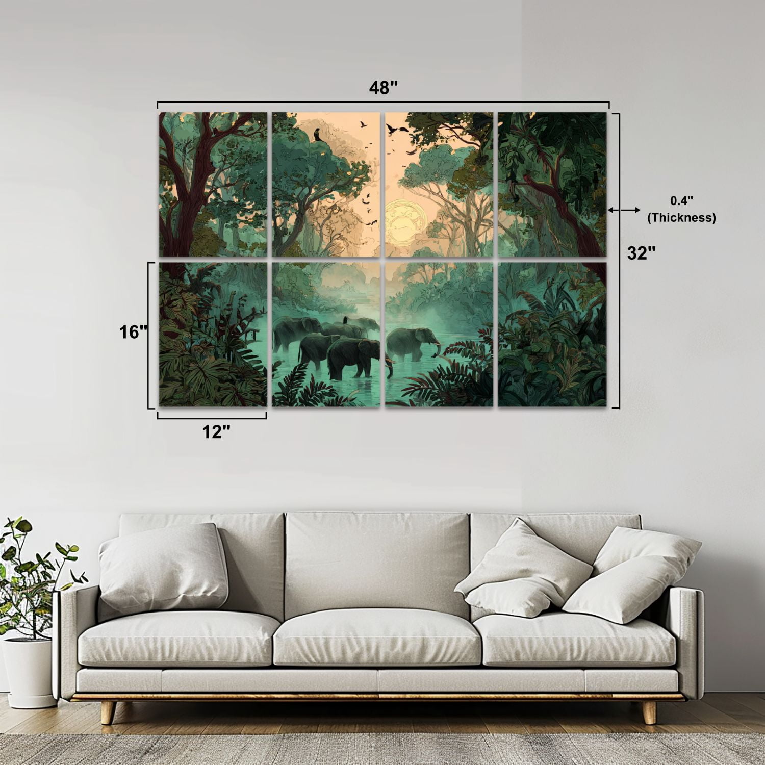 8 Pack Art Acoustic Panels Sound Absorbing Majestic Elephants Exotic Rainforest Decorative Soundproof Wall Panels Self Adhesive for Nursery Game Room Bedroom 48"x32"