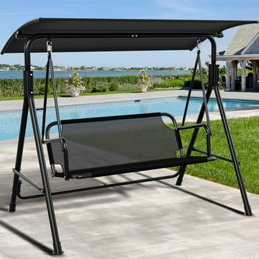 3 Person Porch Swing Heavy Duty Outdoor Patio Swing Chair with Adjustable Canopy Weather Resistant Steel Frame for Garden, Lawn, Balcony, Black