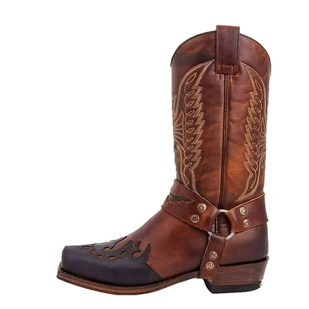 

GLOBO MEJOR Men s Square-toe Low-heel Stitching Square-heel Embroidered Mid-boot Boots